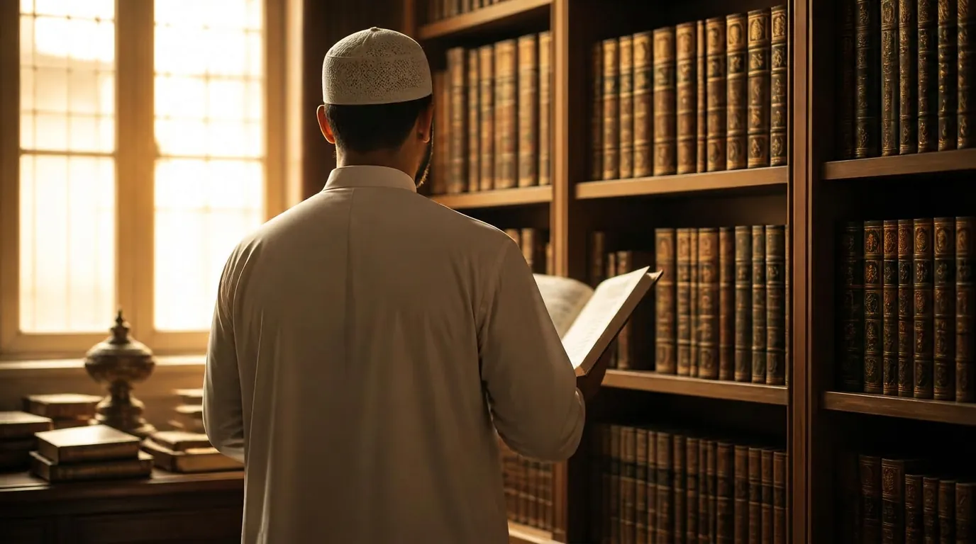 Enseignant en qamis vu de dos, un livre ouvert à la main devant une bibliothèque en bois, contre-jour doré