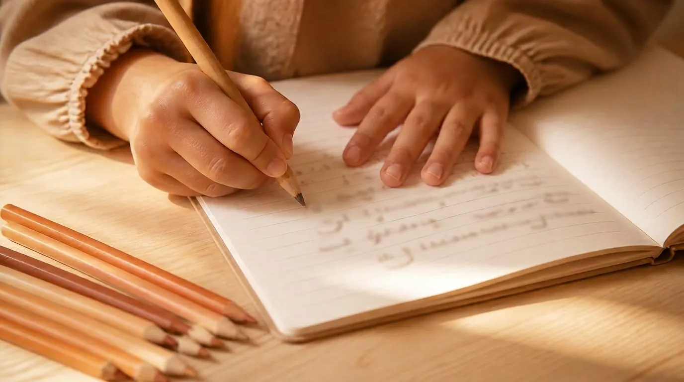 Mains d'enfant écrivant des lettres arabes dans un cahier, crayons de couleur aux tons sable