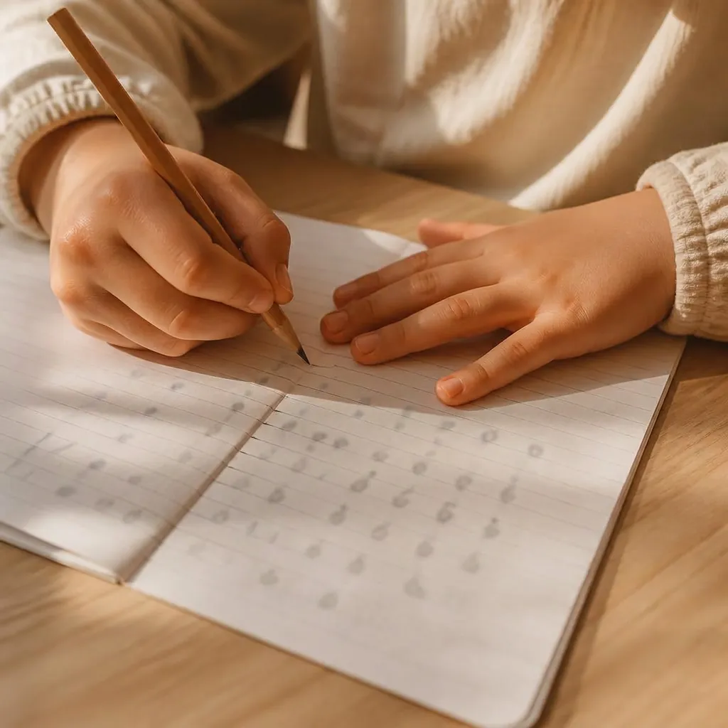 Mains d'un enfant traçant des lettres arabes au crayon sur un cahier, lumière dorée